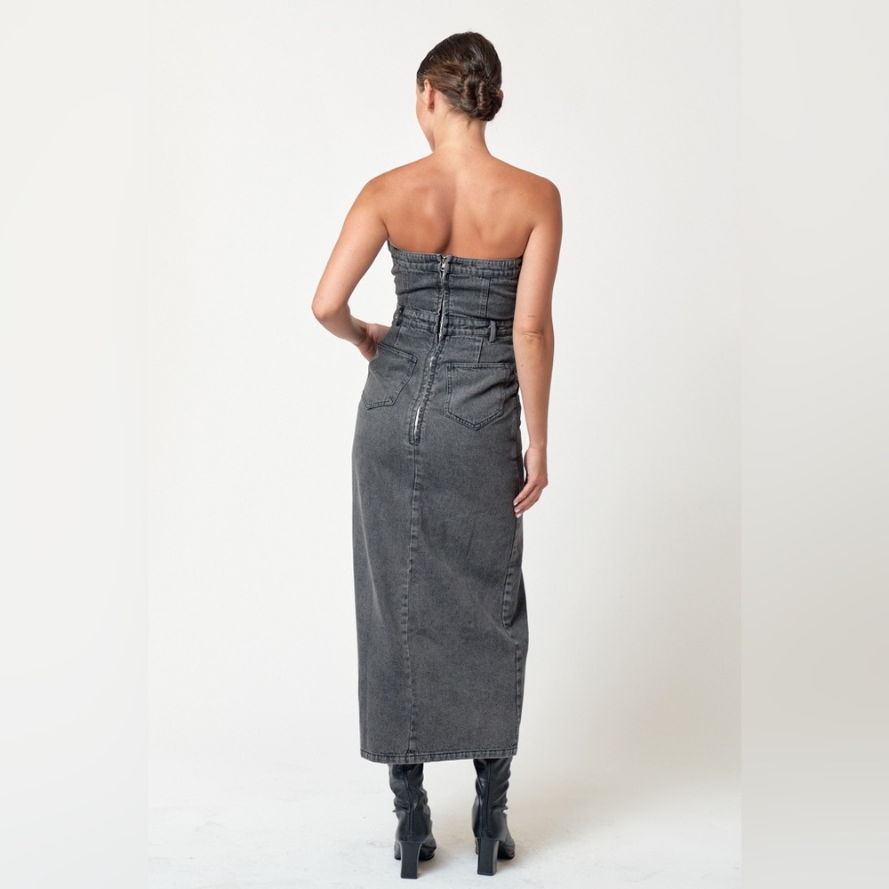 NWT!! Vintage Black Tube Denim Detailed Front Slit Midi Dress🤠 - Picture 6 of 12